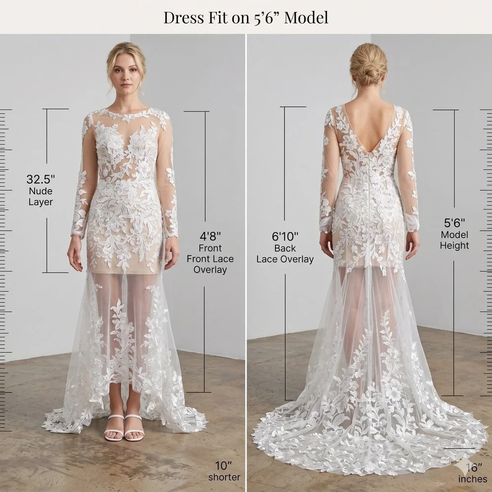Wedding Bridal‎ Gown White Dress XS/S Lace Floral Appliqué Sheer Long Sleeve